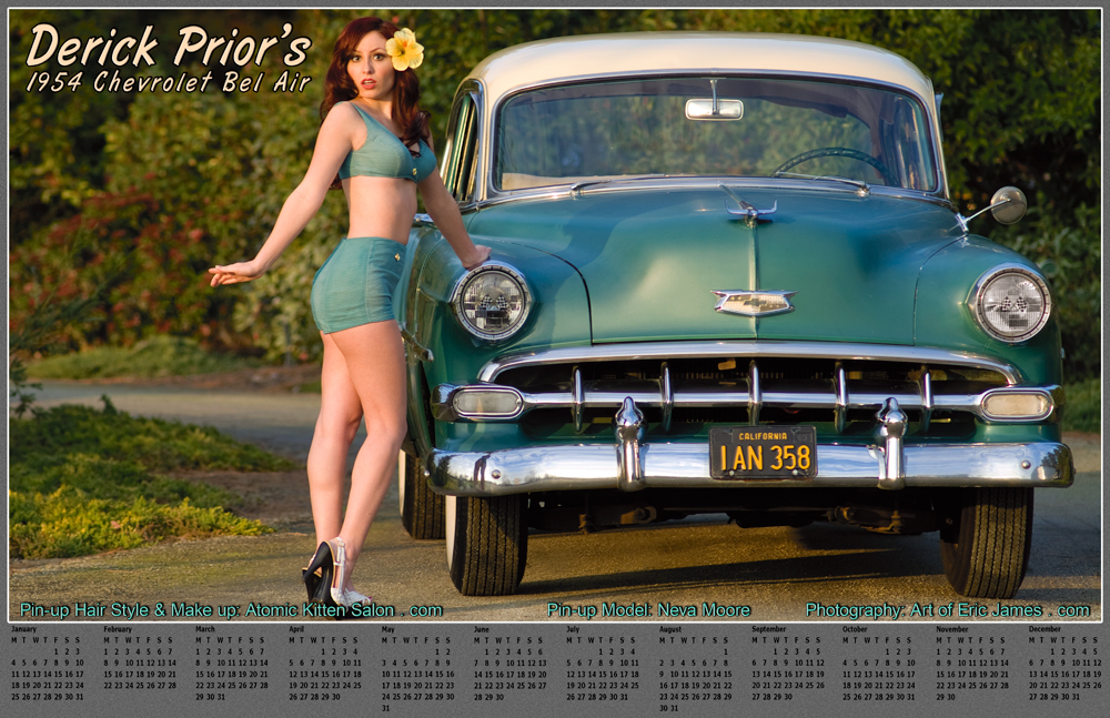 Pin up Model Neva Moore next to Derick Prior's 1954 Chevrolet Bel Air